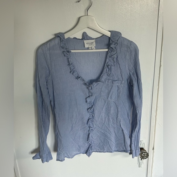 Sézane blue stripe ruffle blouse - Picture 1 of 4